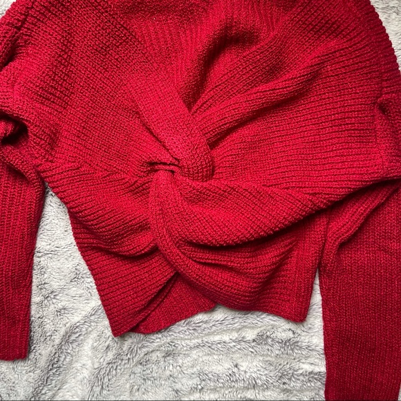 Back Twist Bright Merry Red V Neck Sweater - Picture 8 of 13